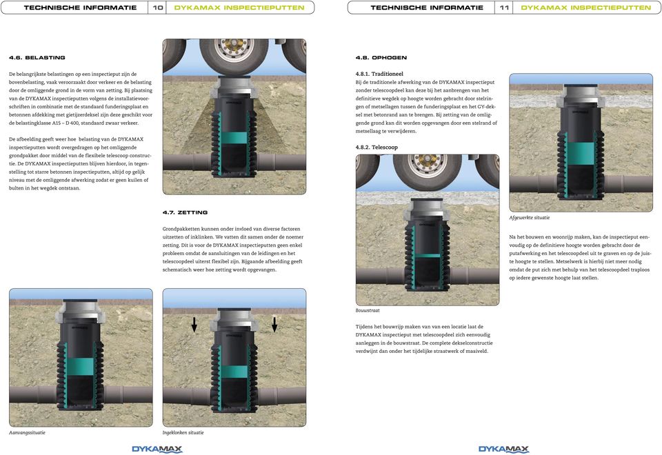 Bij plaatsing van de DYKAMAX inspectieputten volgens de installatievoorschriften in combinatie met de standaard funderingsplaat en betonnen afdekking met gietijzerdeksel zijn deze geschikt voor de