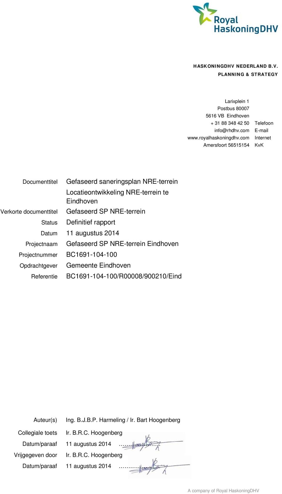 rapport Datum 11 augustus 2014 Projectnaam Projectnummer Opdrachtgever Referentie Eindhoven BC1691-104-100 Gemeente Eindhoven Auteur(s) Collegiale toets Ing. B.J.B.P. Harmeling / Ir.