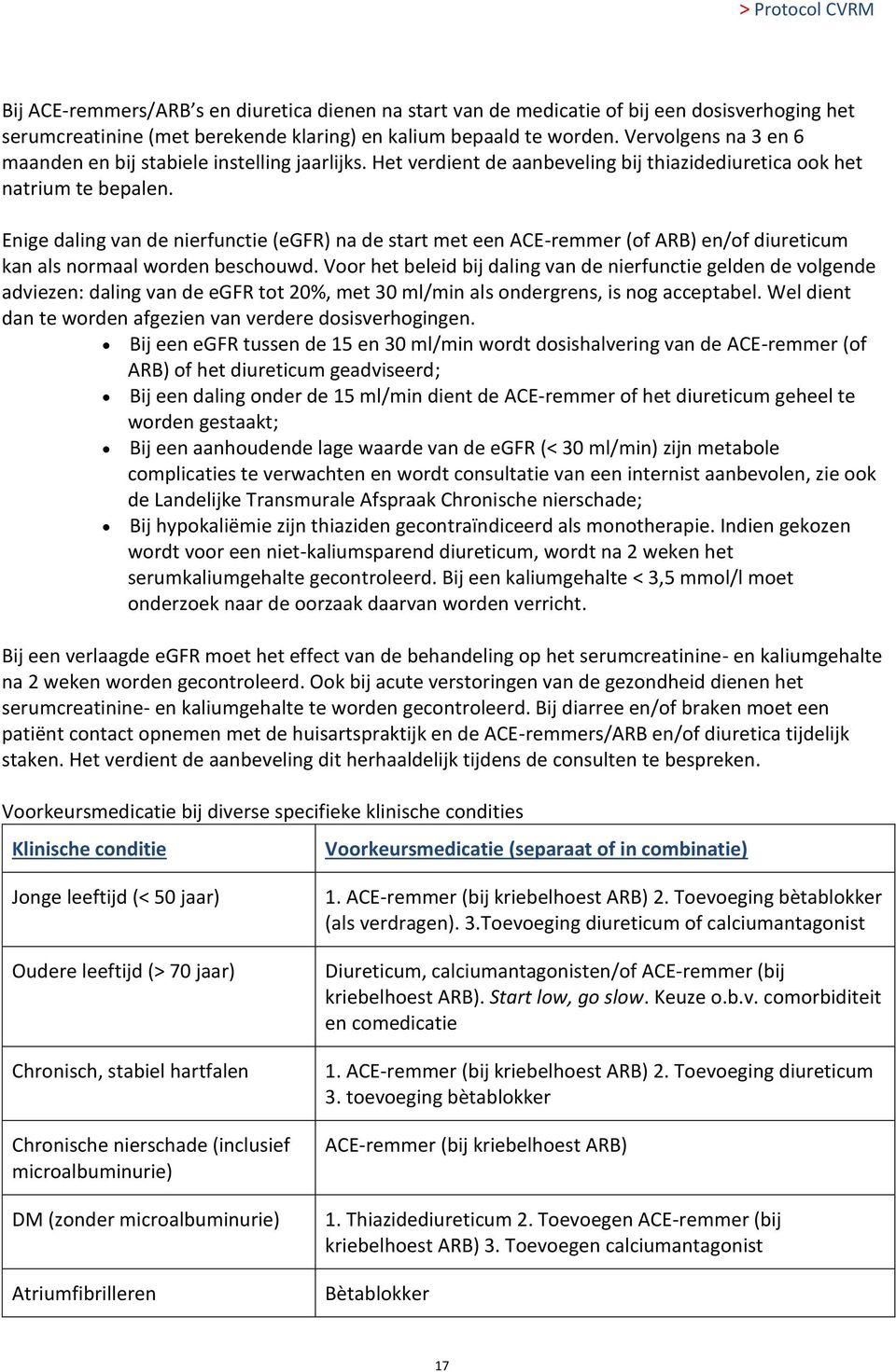 Enige daling van de nierfunctie (egfr) na de start met een ACE-remmer (of ARB) en/of diureticum kan als normaal worden beschouwd.