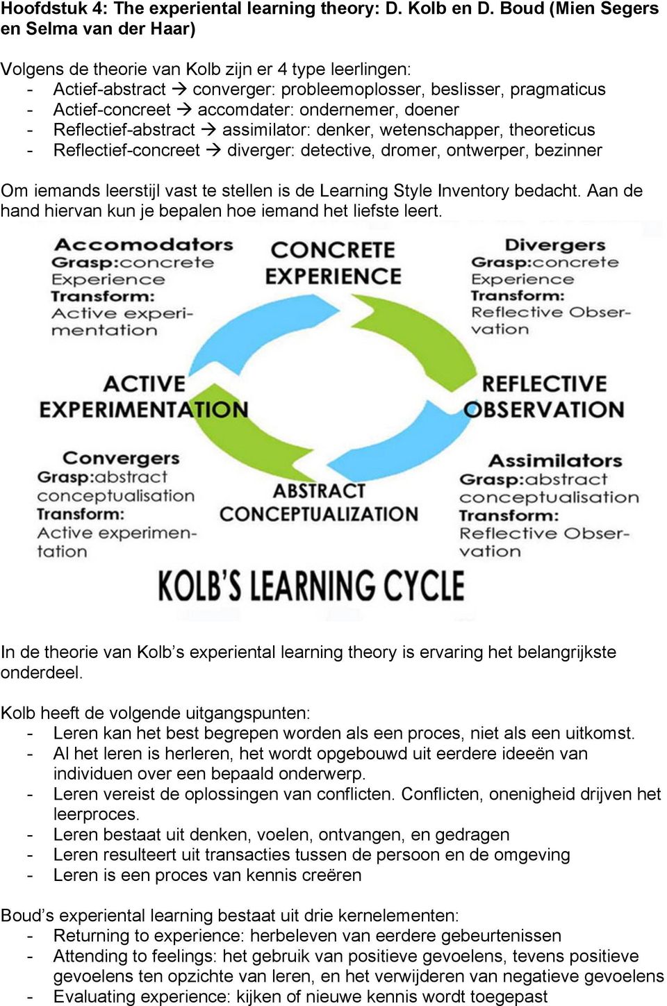 ondernemer, doener - Reflectief-abstract à assimilator: denker, wetenschapper, theoreticus - Reflectief-concreet à diverger: detective, dromer, ontwerper, bezinner Om iemands leerstijl vast te