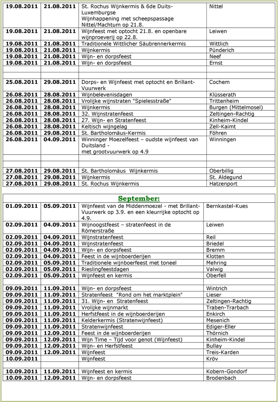 08.2011 29.08.2011 Dorps- en Wijnfeest met optocht en Brillant- Cochem Vuurwerk 26.08.2011 28.08.2011 Wijnbelevenisdagen Klüsserath 26.08.2011 28.08.2011 Vrolijke wijnstraten "Spielesstraße" Trittenheim 26.