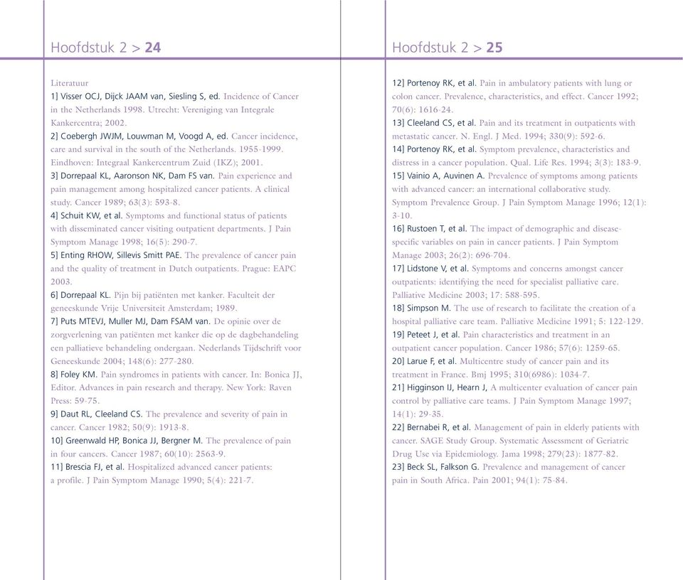 3] Dorrepaal KL, Aaronson NK, Dam FS van. Pain experience and pain management among hospitalized cancer patients. A clinical study. Cancer 1989; 63(3): 593-8. 4] Schuit KW, et al.