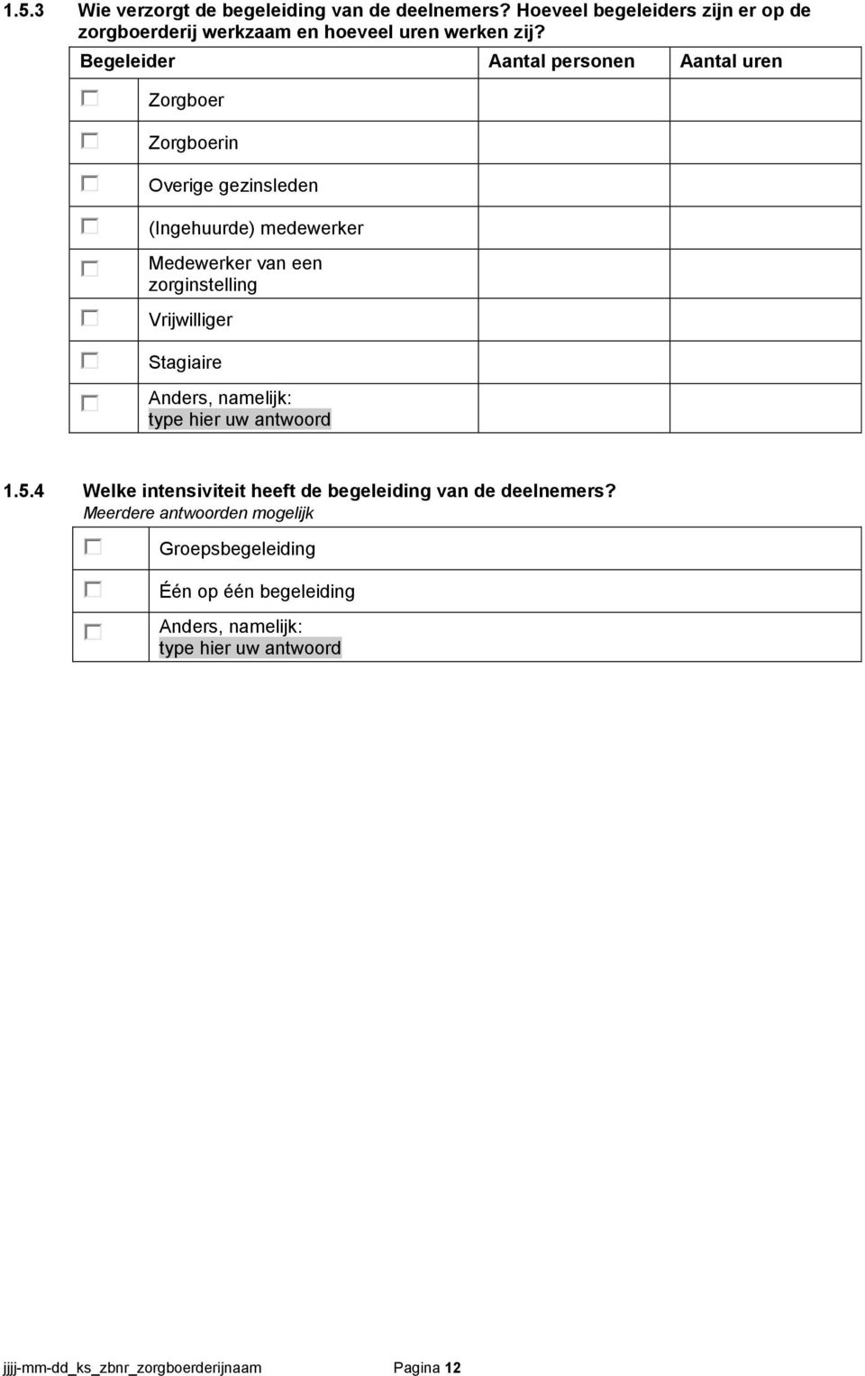 Begeleider Aantal personen Aantal uren Zorgboer Zorgboerin Overige gezinsleden (Ingehuurde) medewerker Medewerker van een