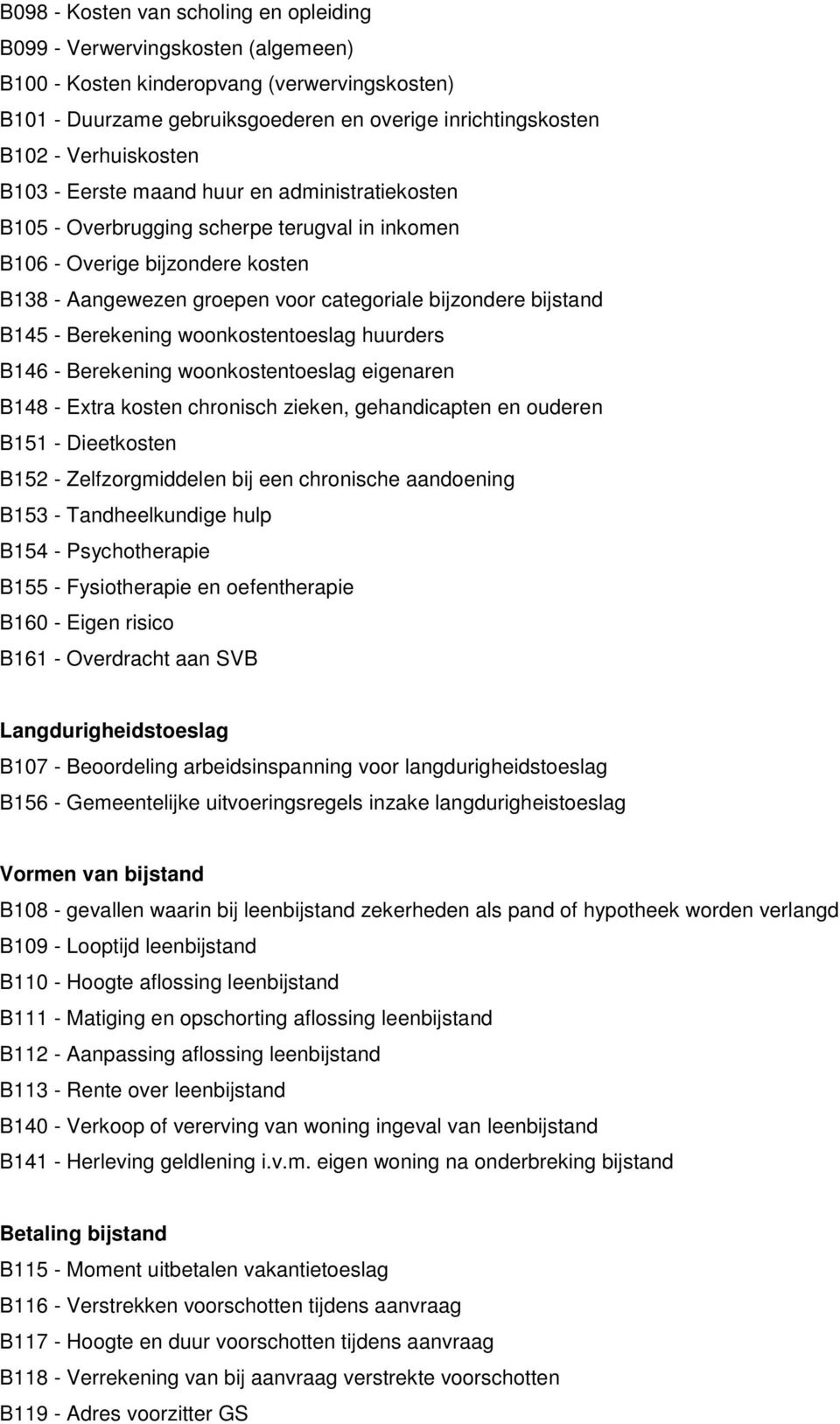 bijstand B145 - Berekening woonkostentoeslag huurders B146 - Berekening woonkostentoeslag eigenaren B148 - Extra kosten chronisch zieken, gehandicapten en ouderen B151 - Dieetkosten B152 -