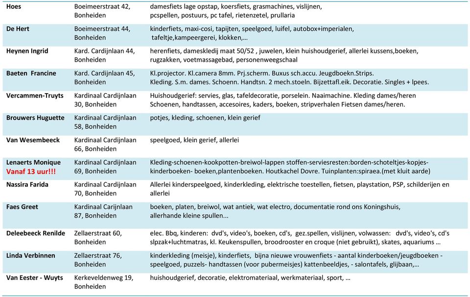 !! Nassira Farida Faes Greet Kardinaal Cardijnlaan 66, Kardinaal Cardijnlaan 69, Kardinaal Cardijnlaan 70, Kardinaal Carijnlaan 87, Deleebeeck Renilde Zellaerstraat 60, Linda Verbinnen Zellaerstraat