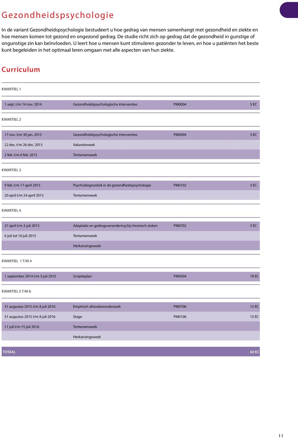 U leert hoe u mensen kunt stimuleren gezonder te leven, en hoe u patiënten het beste kunt begeleiden in het optimaal leren omgaan met alle aspecten van hun ziekte. Curriculum KWARTIEL 1 1 sept.