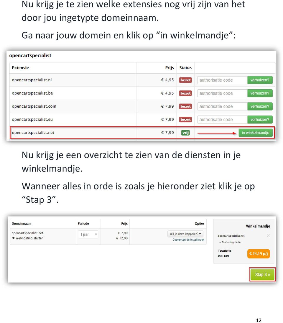 Ga naar jouw domein en klik op in winkelmandje : Nu krijg je een