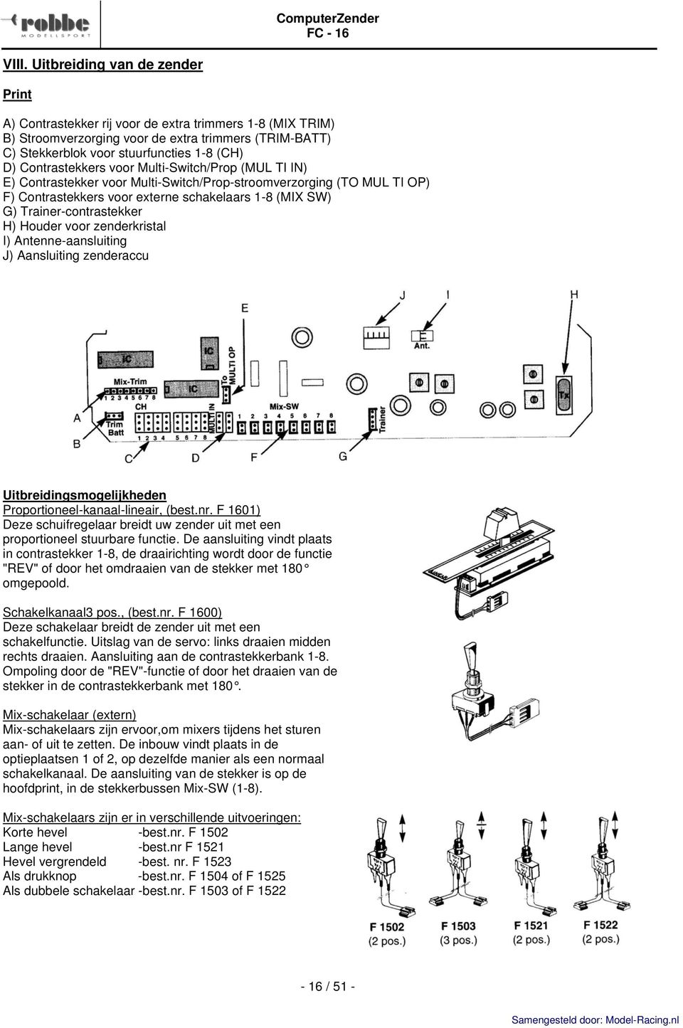 Trainer-contrastekker H) Houder voor zenderkristal I) Antenne-aansluiting J) Aansluiting zenderaccu Uitbreidingsmogelijkheden Proportioneel-kanaal-lineair, (best.nr.