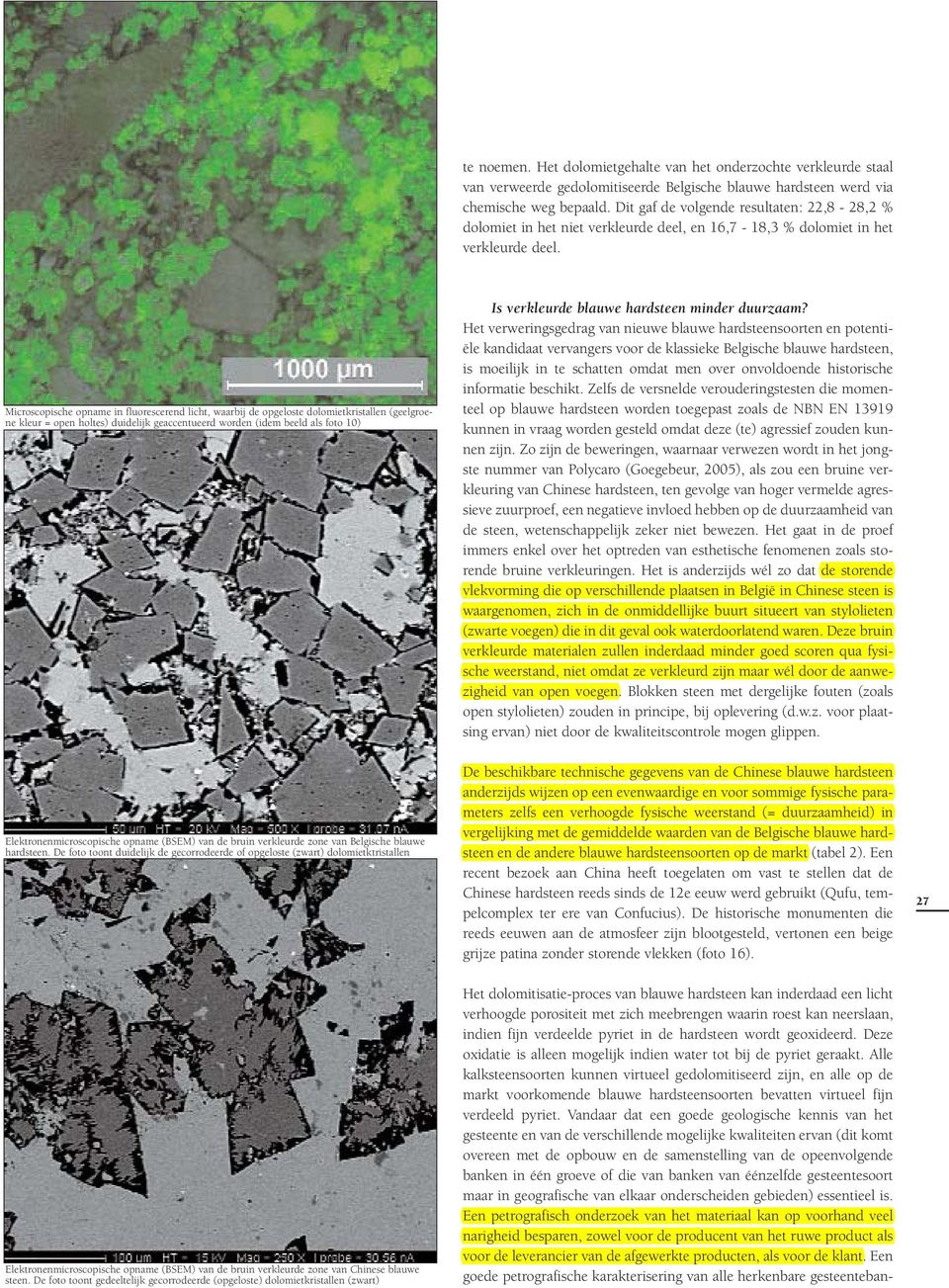 Microscopische opname in fluorescerend licht, waarbij de opgeloste dolomietkristallen (geelgroene kleur = open holtes) duidelijk geaccentueerd worden (idem beeld als foto 10) Is verkleurde blauwe