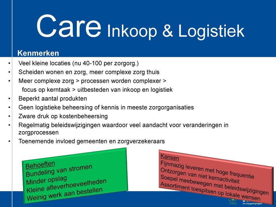 uitbesteden van inkoop en logistiek Beperkt aantal produkten Geen logistieke beheersing of kennis in meeste