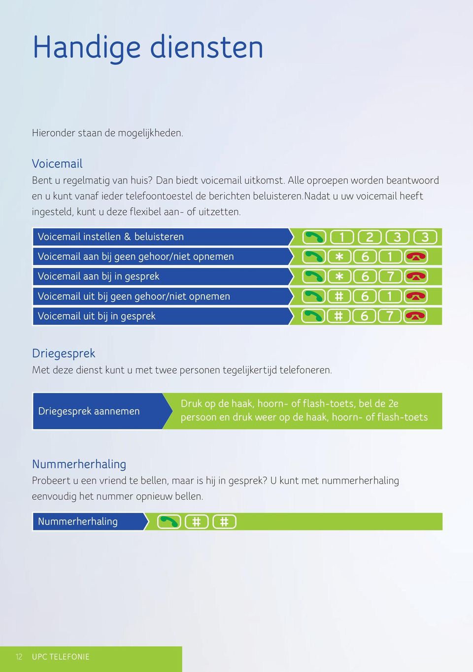 Voicemail instellen & beluisteren Voicemail aan bij geen gehoor/niet opnemen Voicemail aan bij in gesprek Voicemail uit bij geen gehoor/niet opnemen Voicemail uit bij in gesprek Driegesprek Met deze