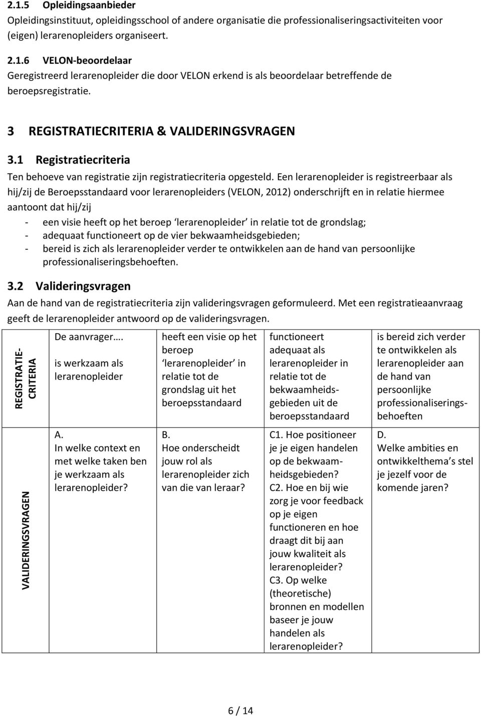 Een lerarenopleider is registreerbaar als hij/zij de Beroepsstandaard voor lerarenopleiders (VELON, 2012) onderschrijft en in relatie hiermee aantoont dat hij/zij - een visie heeft op het beroep