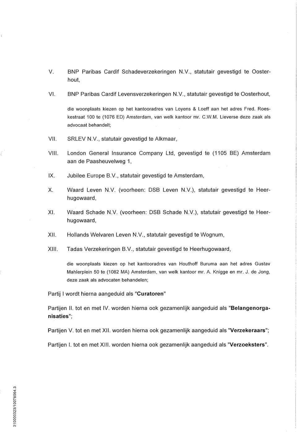I. VIII. IX. SRLEV N.V., statutair gevestigd te Alkmaar, London General Insurance Company Ltd, gevestigd te (1105 BE) Amsterdam aan de Paasheuvelweg 1, Jubilee Europe B.V., statutair gevestigd te Amsterdam, X.