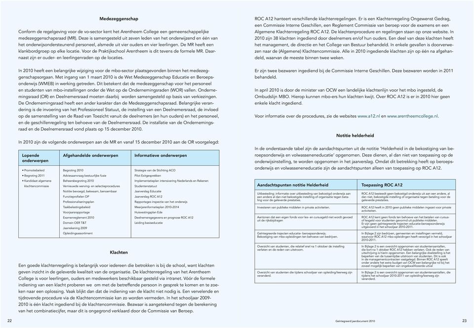 Voor de Praktijkschool Arentheem is dit tevens de formele MR. Daarnaast zijn er ouder- en leerlingenraden op de locaties. ROC A12 hanteert verschillende klachtenregelingen.