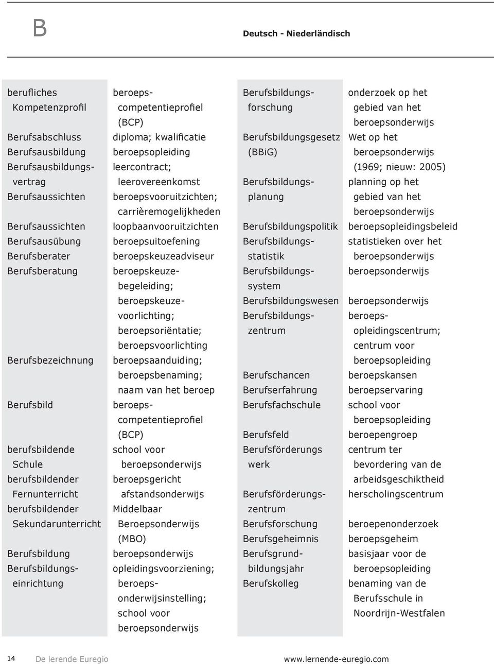 Berufsberatung beroepskeuzebegeleiding; beroepskeuzevoorlichting; beroepsoriëntatie; beroepsvoorlichting Berufsbezeichnung beroepsaanduiding; beroepsbenaming; naam van het beroep Berufsbild