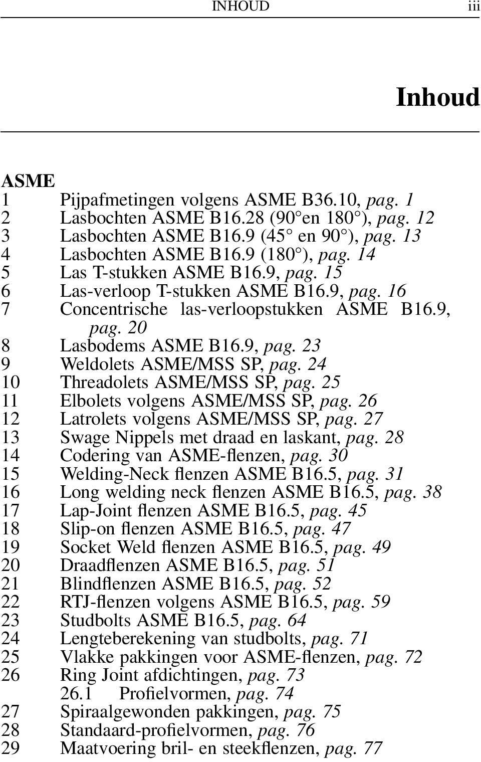24 10 Threadolets ASME/MSS SP, pag. 25 11 Elbolets volgens ASME/MSS SP, pag. 26 12 Latrolets volgens ASME/MSS SP, pag. 27 13 Swage Nippels met draad en laskant, pag.