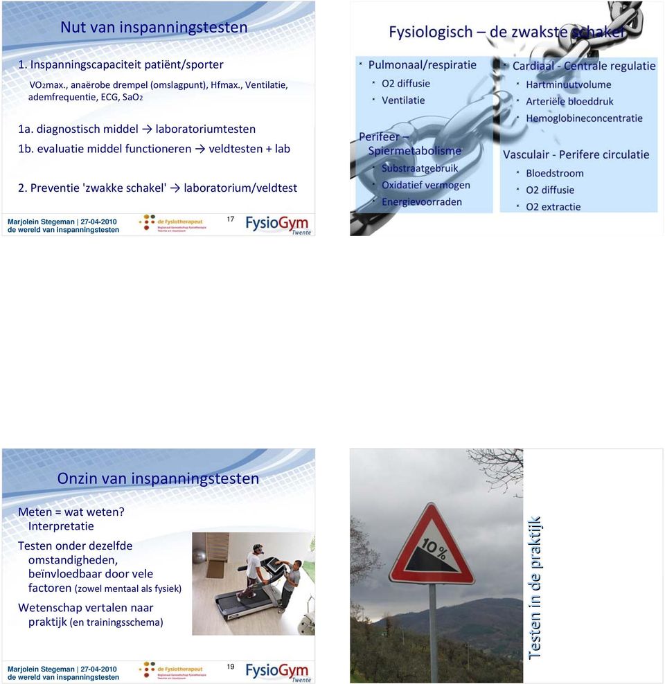 Preventie 'zwakke schakel' laboratorium/veldtest 17 Onzin van inspanningstesten Meten = wat weten?