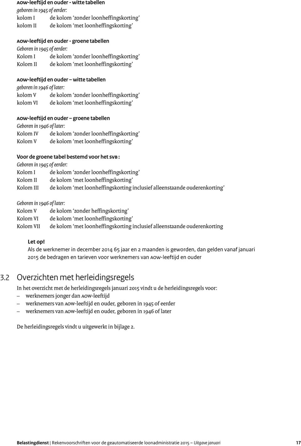 loonheffingskorting kolom VI de kolom met loonheffingskorting AOW-leeftijd en ouder groene tabellen Geboren in 1946 of later: Kolom IV de kolom zonder loonheffingskorting Kolom V de kolom met