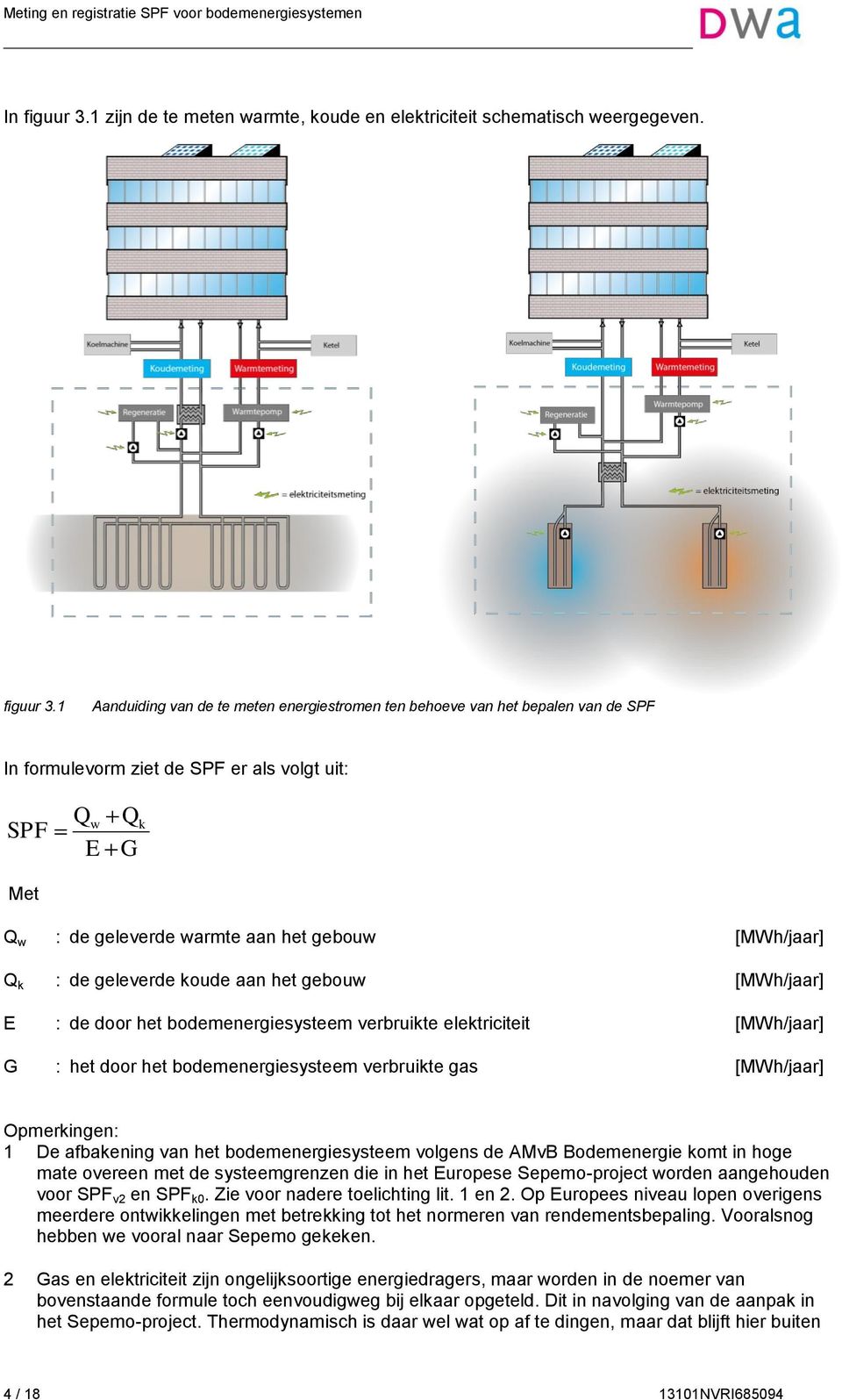 1 Aanduiding van de te meten energiestromen ten behoeve van het bepalen van de SPF In formulevorm ziet de SPF er als volgt uit: Qw Q SPF E G k Met Q w : de geleverde warmte aan het gebouw [MWh/jaar]