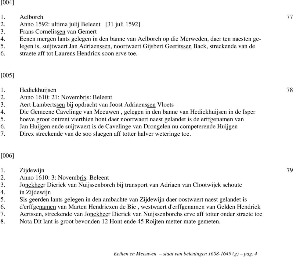 Anno 1610: 21: Novembris: Beleent 3. Aert Lambertssen bij opdracht van Joost Adriaenssen Vloets 4. Die Gemeene Cavelinge van Meeuwen, gelegen in den banne van Hedickhuijsen in de Isper 5.