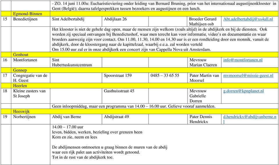 Egmond-Binnen 15 Benedictijnen Sint Adelbertabdij Abdijlaan 26 Broeder Gerard Abt.adelbertabdij@xs4all.nl Genhout 16 Montfortanen Sint Gennep 17 Congregatie van de H.