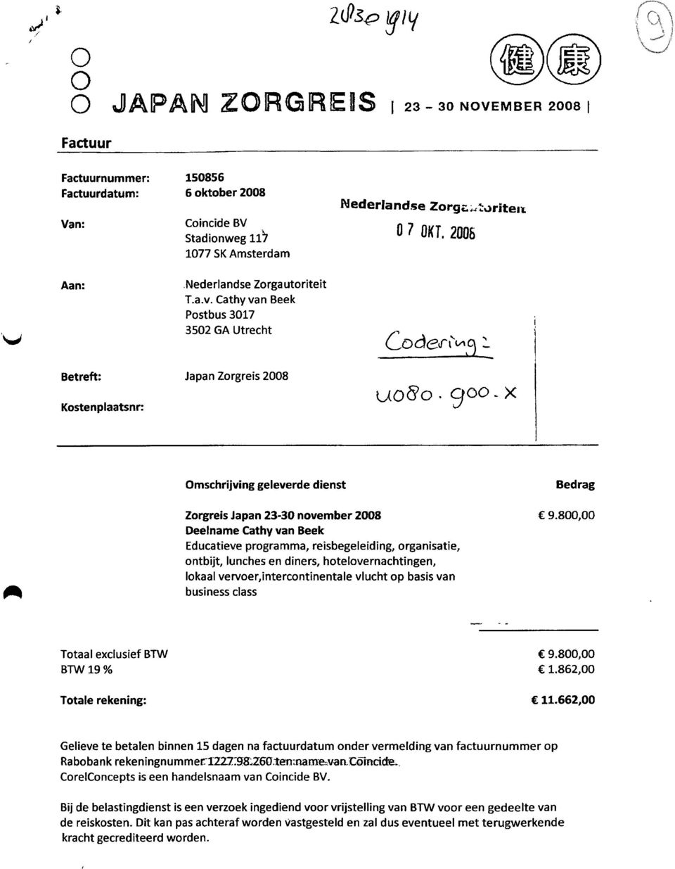 x Omschrijving geleverde dienst Bedrag Zorgreis Japan 23-30 november 2008 9.