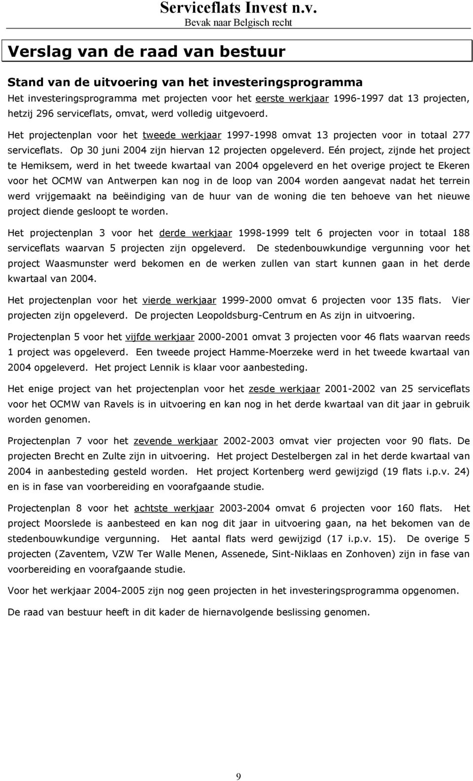 Op 30 juni 2004 zijn hiervan 12 projecten opgeleverd.