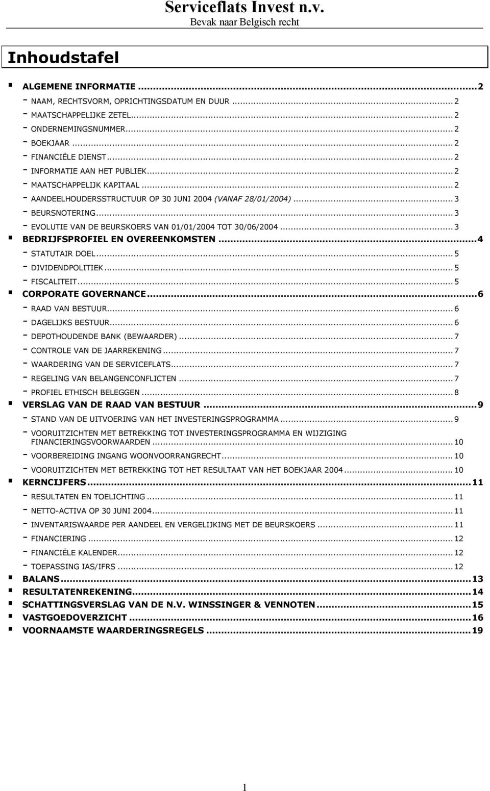 .. 3 - EVOLUTIE VAN DE BEURSKOERS VAN 01/01/2004 TOT 30/06/2004... 3! BEDRIJFSPROFIEL EN OVEREENKOMSTEN...4 - STATUTAIR DOEL... 5 - DIVIDENDPOLITIEK... 5 - FISCALITEIT... 5! CORPORATE GOVERNANCE.