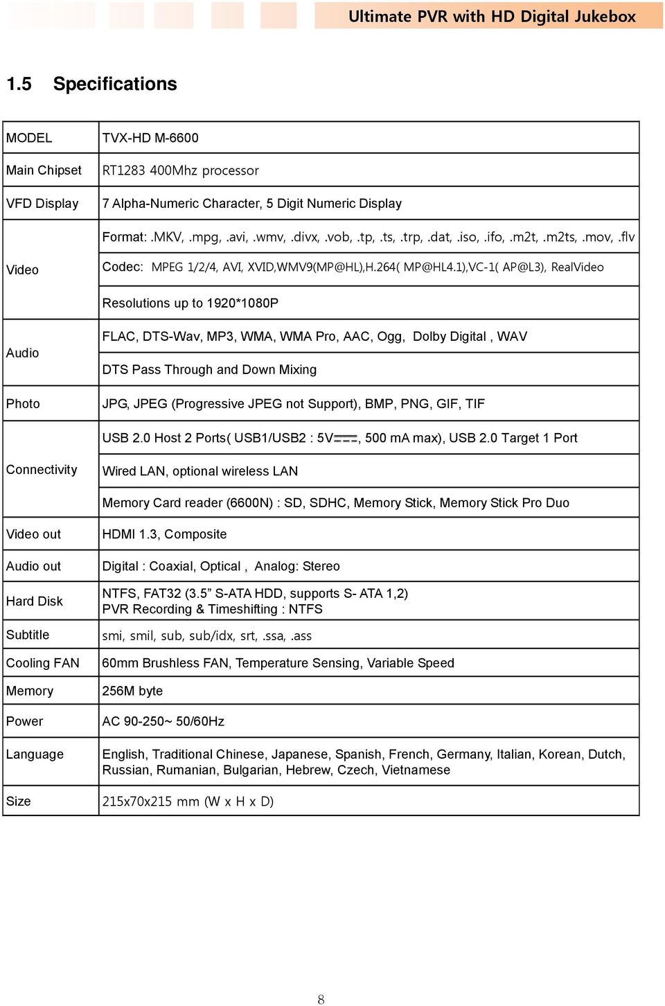 1),VC-1( AP@L3), RealVideo Resolutions up to 1920*1080P Audio Photo FLAC, DTS-Wav, MP3, WMA, WMA Pro, AAC, Ogg, Dolby Digital, WAV DTS Pass Through and Down Mixing JPG, JPEG (Progressive JPEG not