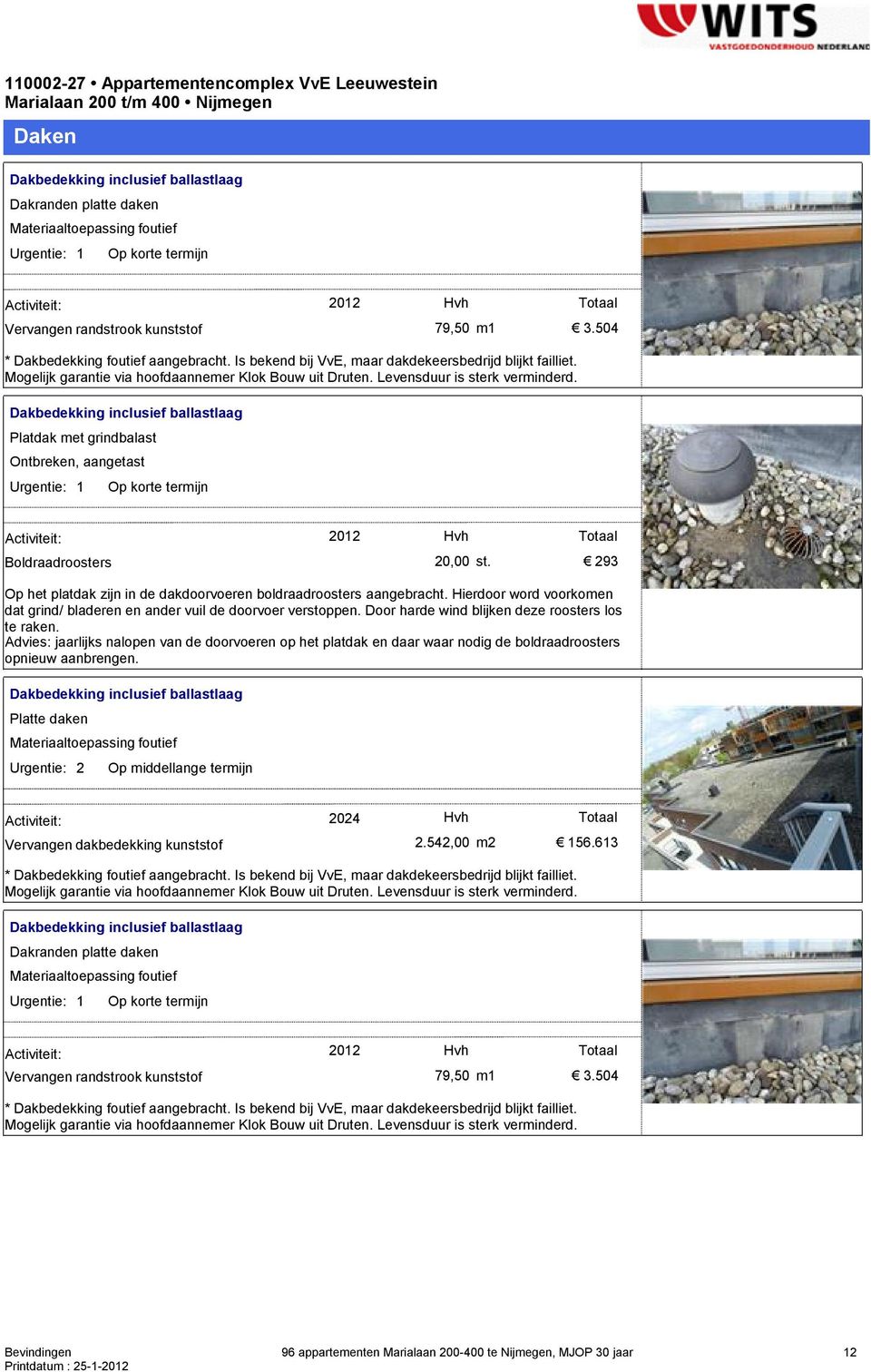 Dakbedekking inclusief ballastlaag Platdak met grindbalast Ontbreken, aangetast Urgentie: 1 Op korte termijn Activiteit: Boldraadroosters 2012 Hvh Totaal 20,00 st.