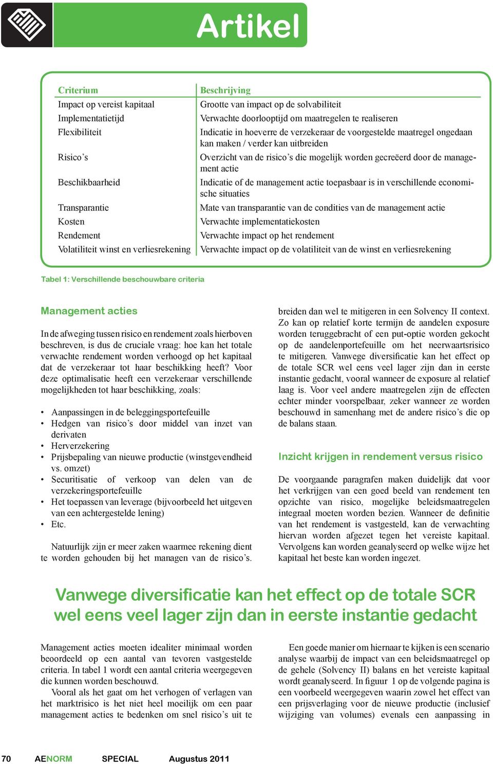 s die mogelijk worden gecreëerd door de management actie Indicatie of de management actie toepasbaar is in verschillende economische situaties Mate van transparantie van de condities van de