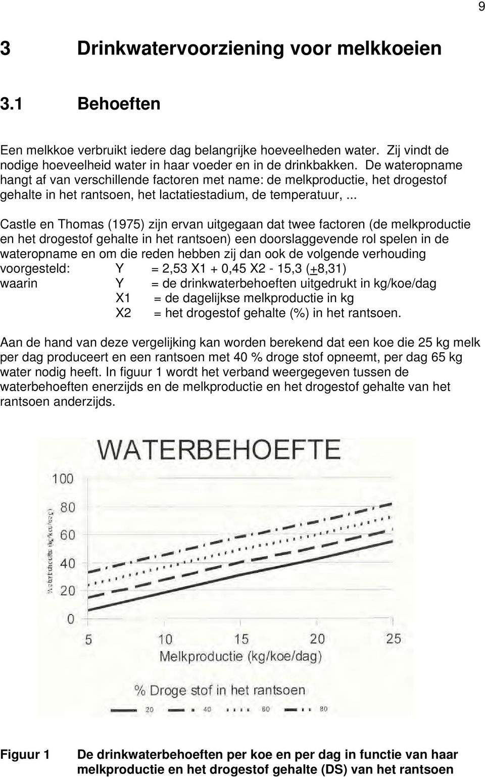 .. Castle en Thomas (1975) zijn ervan uitgegaan dat twee factoren (de melkproductie en het drogestof gehalte in het rantsoen) een doorslaggevende rol spelen in de wateropname en om die reden hebben