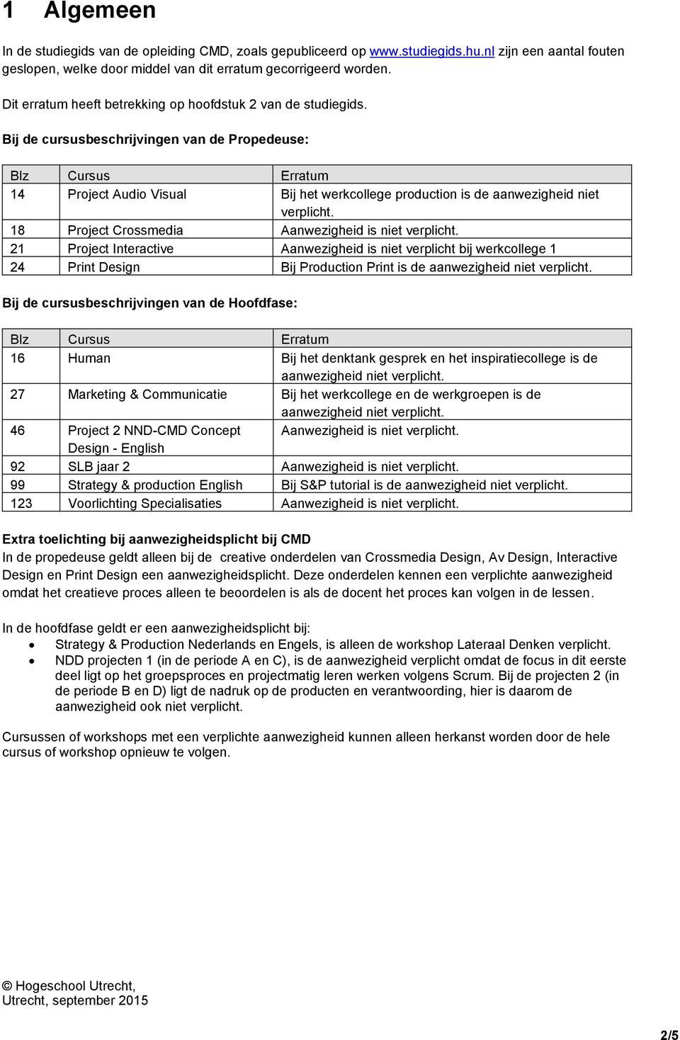 Bij de cursusbeschrijvingen van de Propedeuse: Blz Cursus rratum 4 Project Audio Visual Bij het werkcollege production is de aanwezigheid niet verplicht.