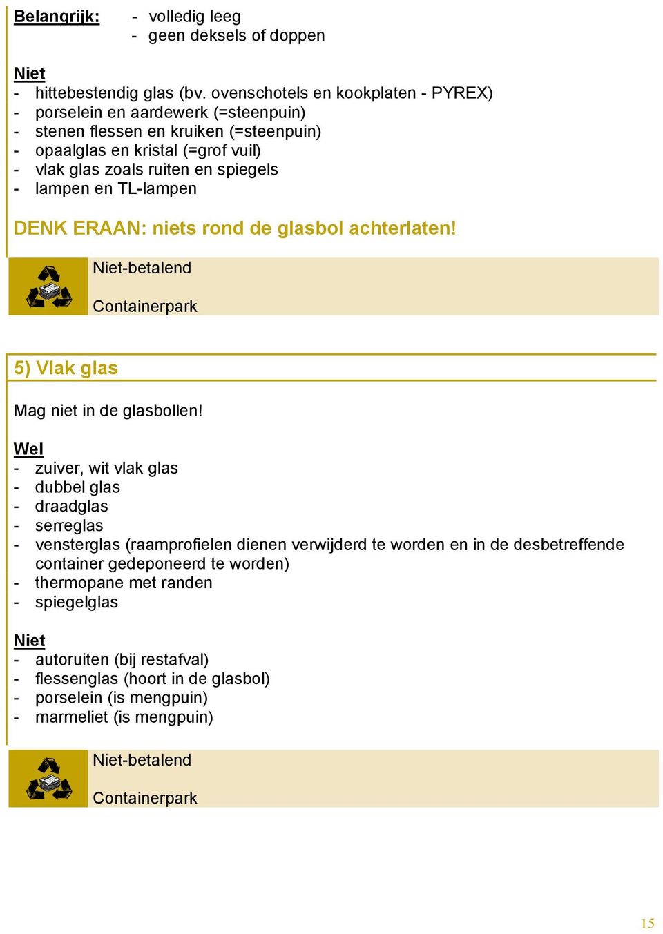 spiegels - lampen en TL-lampen DENK ERAAN: niets rond de glasbol achterlaten! -betalend 5) Vlak glas Mag niet in de glasbollen!