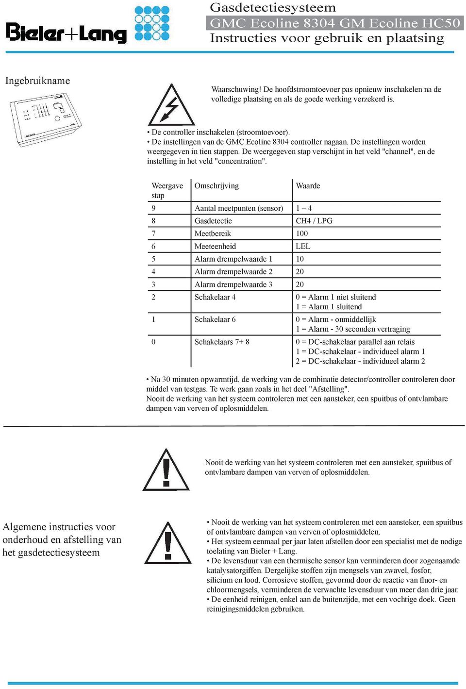 De weergegeven stap verschijnt in het veld "channel", en de instelling in het veld "concentration".