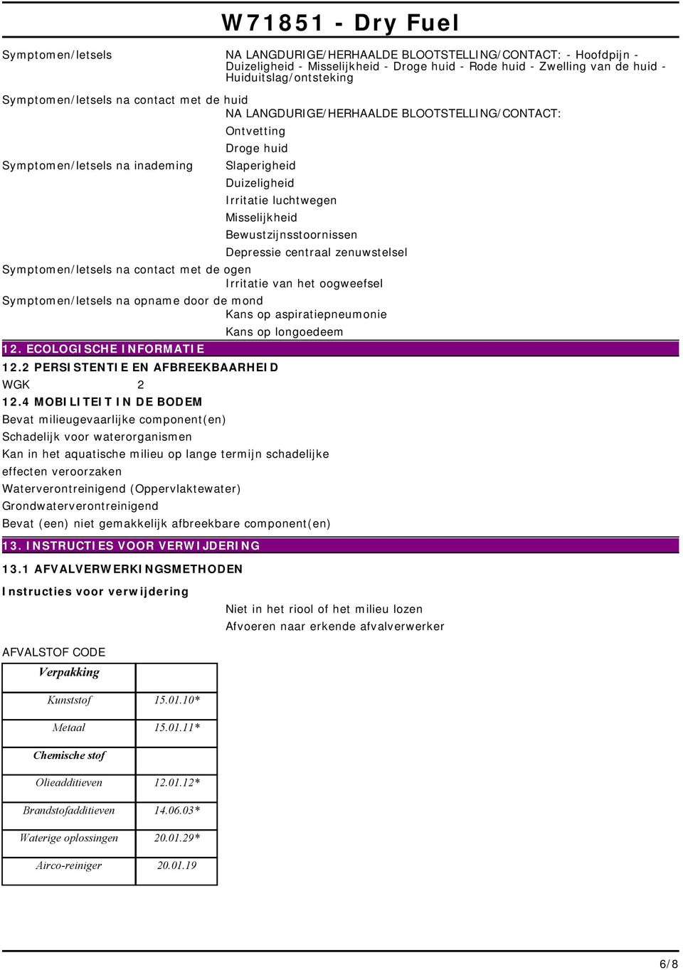 Bewustzijnsstoornissen Depressie centraal zenuwstelsel Symptomen/letsels na contact met de ogen Irritatie van het oogweefsel Symptomen/letsels na opname door de mond Kans op aspiratiepneumonie 12