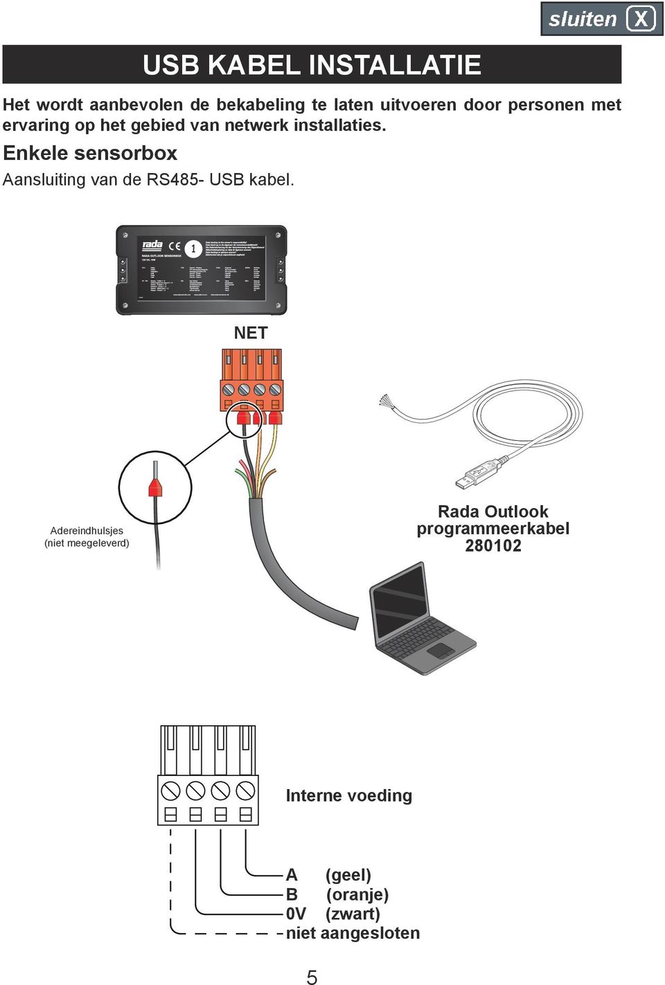 Enkele sensorbox Aansluiting van de RS485- USB kabel.