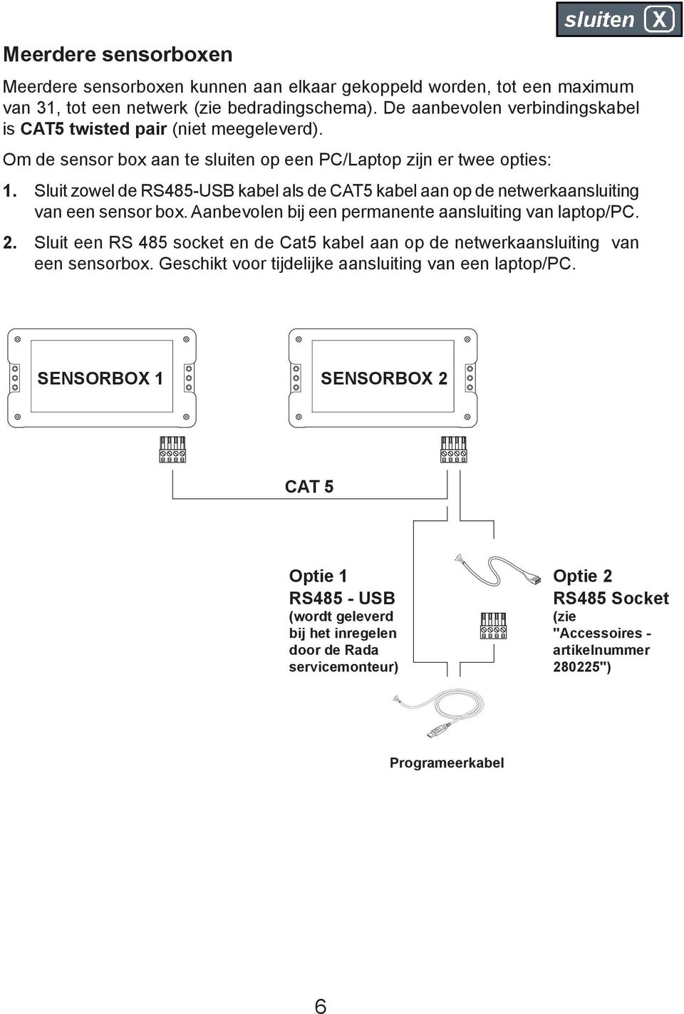 Sluit zowel de RS485-USB kabel als de CAT5 kabel aan op de netwerkaansluiting van een sensor box. Aanbevolen bij een permanente aansluiting van laptop/pc. 2.