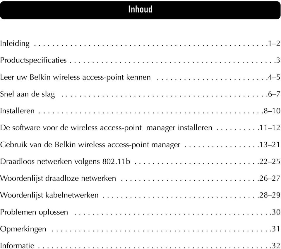 .........11 12 Gebruik van de Belkin wireless access-point manager.................13 21 Draadloos netwerken volgens 802.11b............................22 25 Woordenlijst draadloze netwerken.