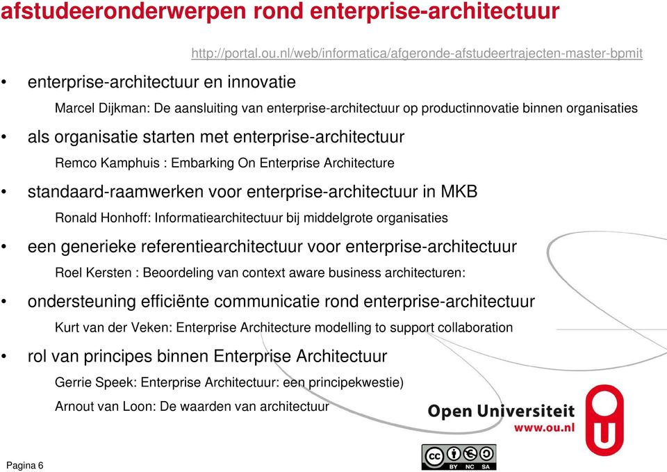 enterprise-architectuur Remco Kamphuis : Embarking On Enterprise Architecture standaard-raamwerken voor enterprise-architectuur in MKB Ronald Honhoff: Informatiearchitectuur bij middelgrote