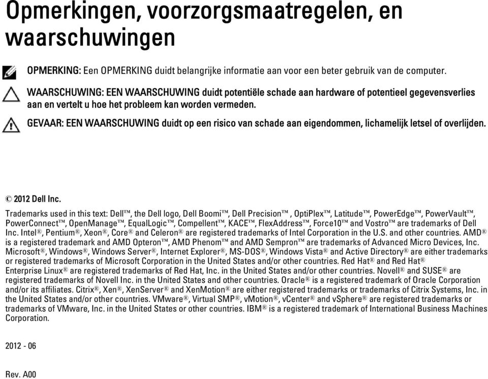 GEVAAR: EEN WAARSCHUWING duidt op een risico van schade aan eigendommen, lichamelijk letsel of overlijden. 2012 Dell Inc.