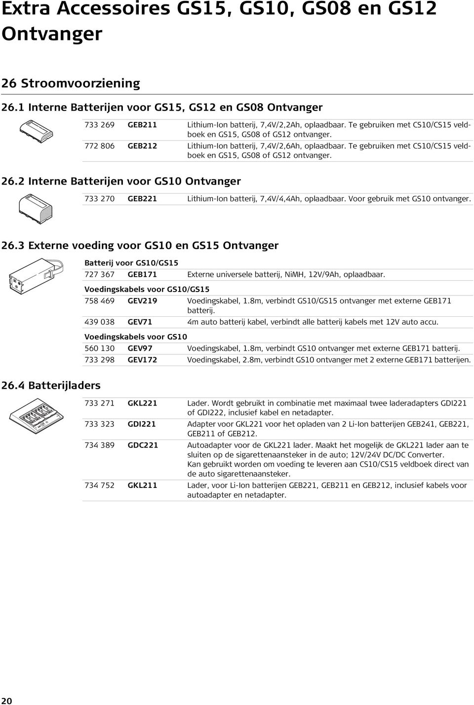 26.2 Interne Batterijen voor GS10 Ontvanger 733 270 GEB221 Lithium-Ion batterij, 7,4V/4,4Ah, oplaadbaar. Voor gebruik met GS10 ontvanger. 26.