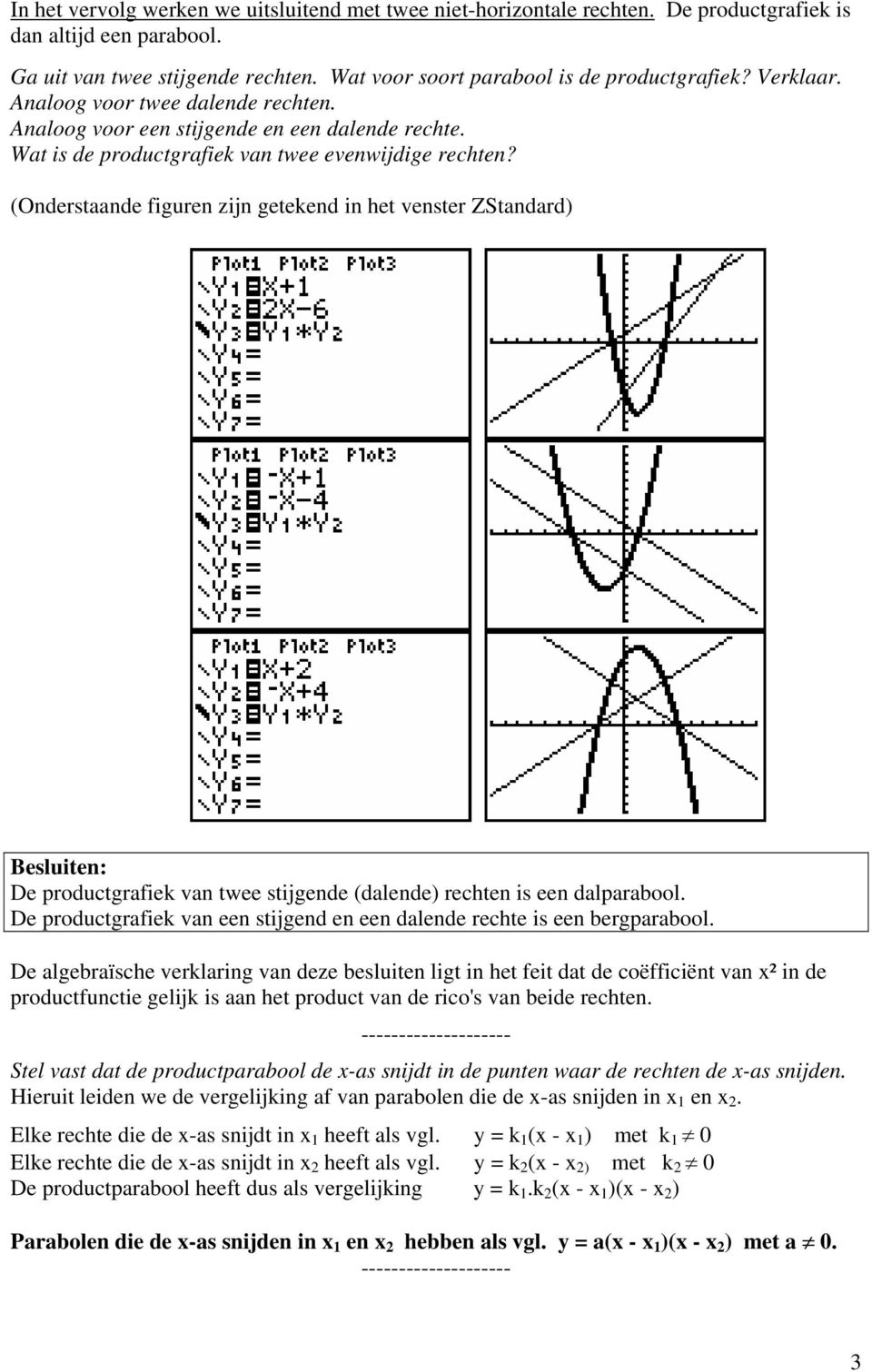 (Onderstaande figuren zijn getekend in het venster ZStandard) Besluiten: De productgrafiek van twee stijgende (dalende) rechten is een dalparabool.