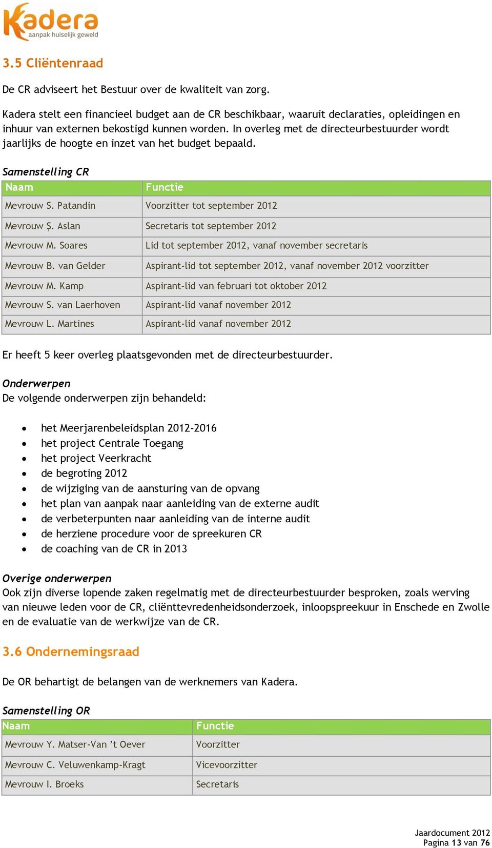 In overleg met de directeurbestuurder wordt jaarlijks de hoogte en inzet van het budget bepaald. Samenstelling CR Naam Functie Mevrouw S. Patandin Voorzitter tot september 2012 Mevrouw Ş.