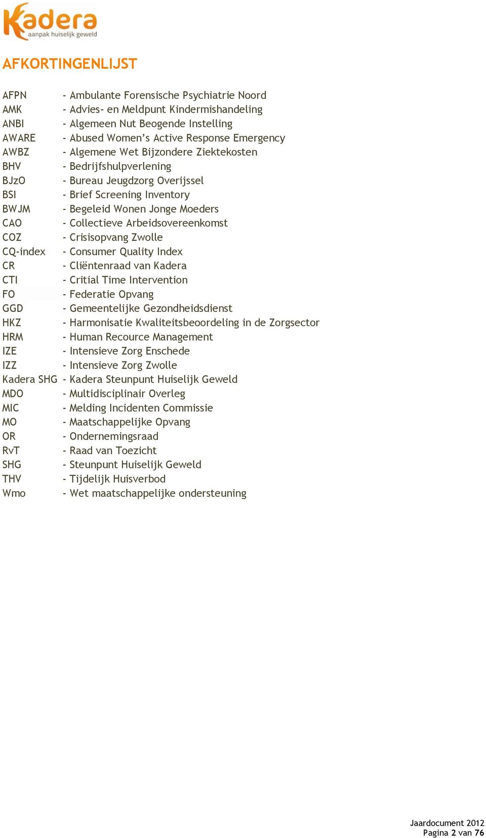Arbeidsovereenkomst COZ - Crisisopvang Zwolle CQ-index - Consumer Quality Index CR - Cliëntenraad van Kadera CTI - Critial Time Intervention FO - Federatie Opvang GGD - Gemeentelijke