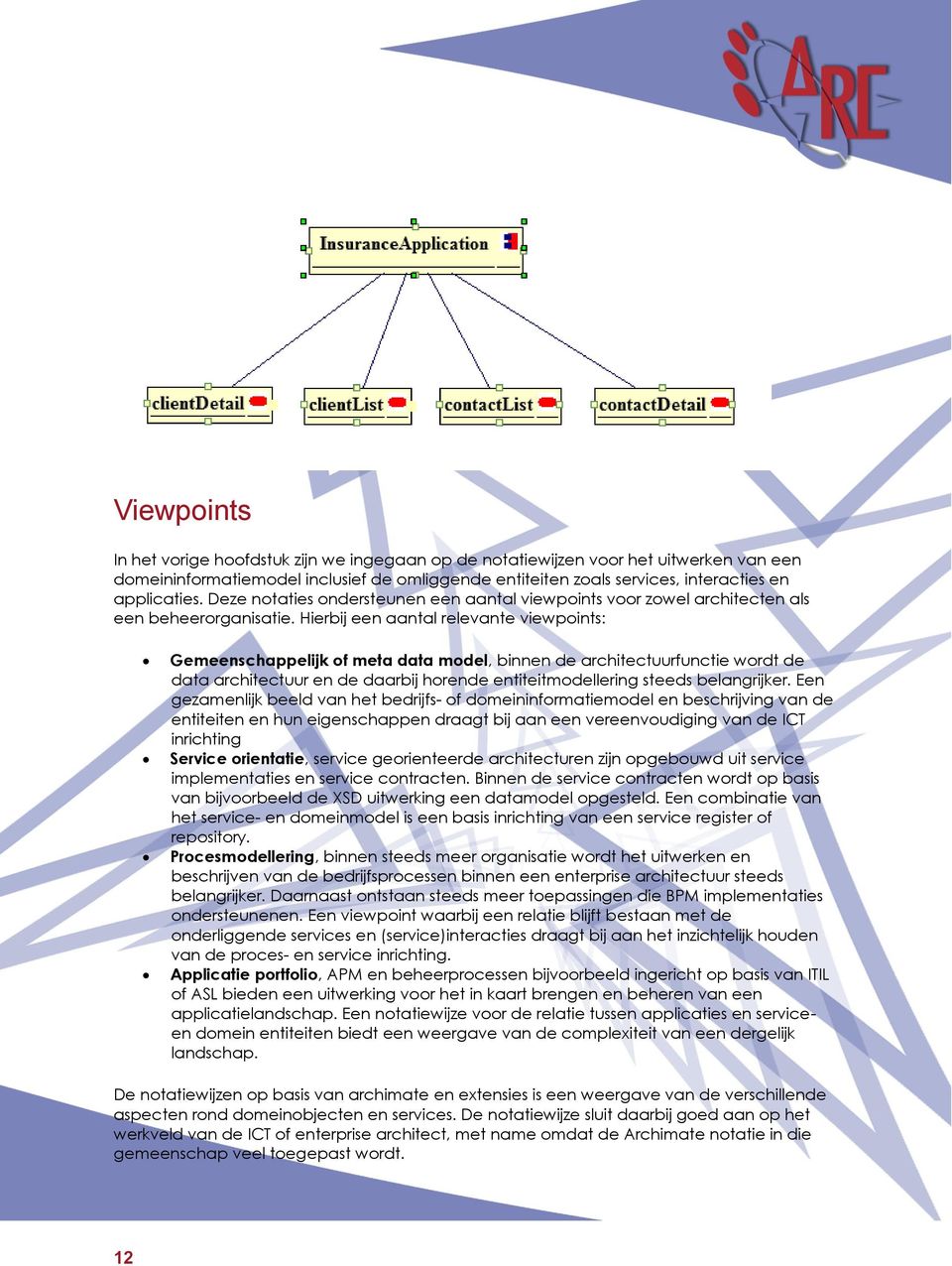 Hierbij een aantal relevante viewpoints: Gemeenschappelijk of meta data model, binnen de architectuurfunctie wordt de data architectuur en de daarbij horende entiteitmodellering steeds belangrijker.