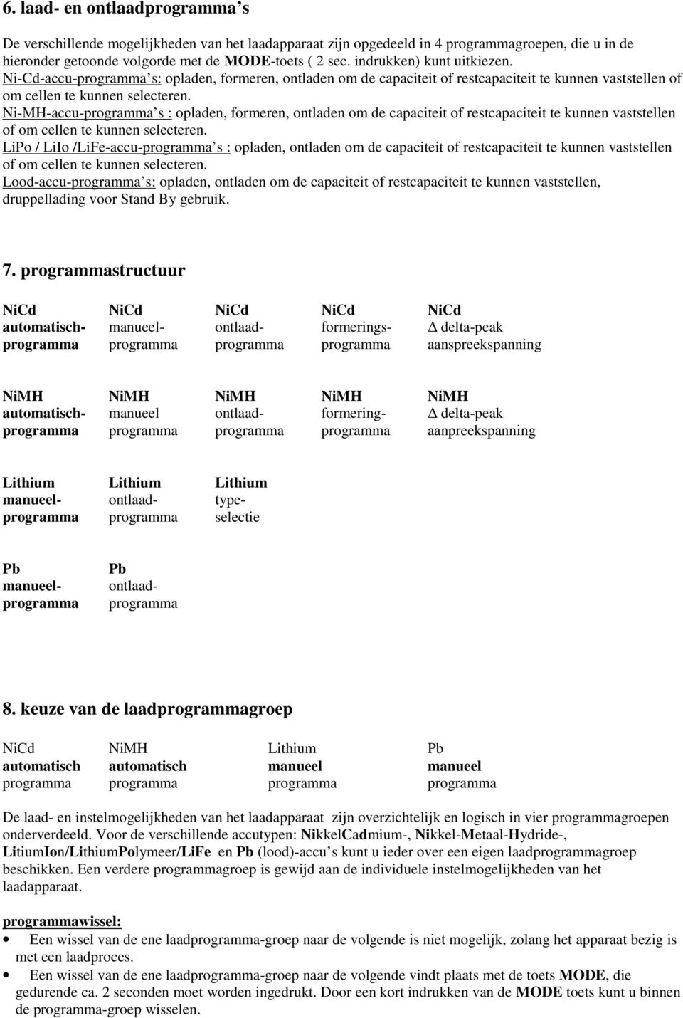 Ni-MH-accu-programma s : opladen, formeren, ontladen om de capaciteit of restcapaciteit te kunnen vaststellen of om cellen te kunnen selecteren.