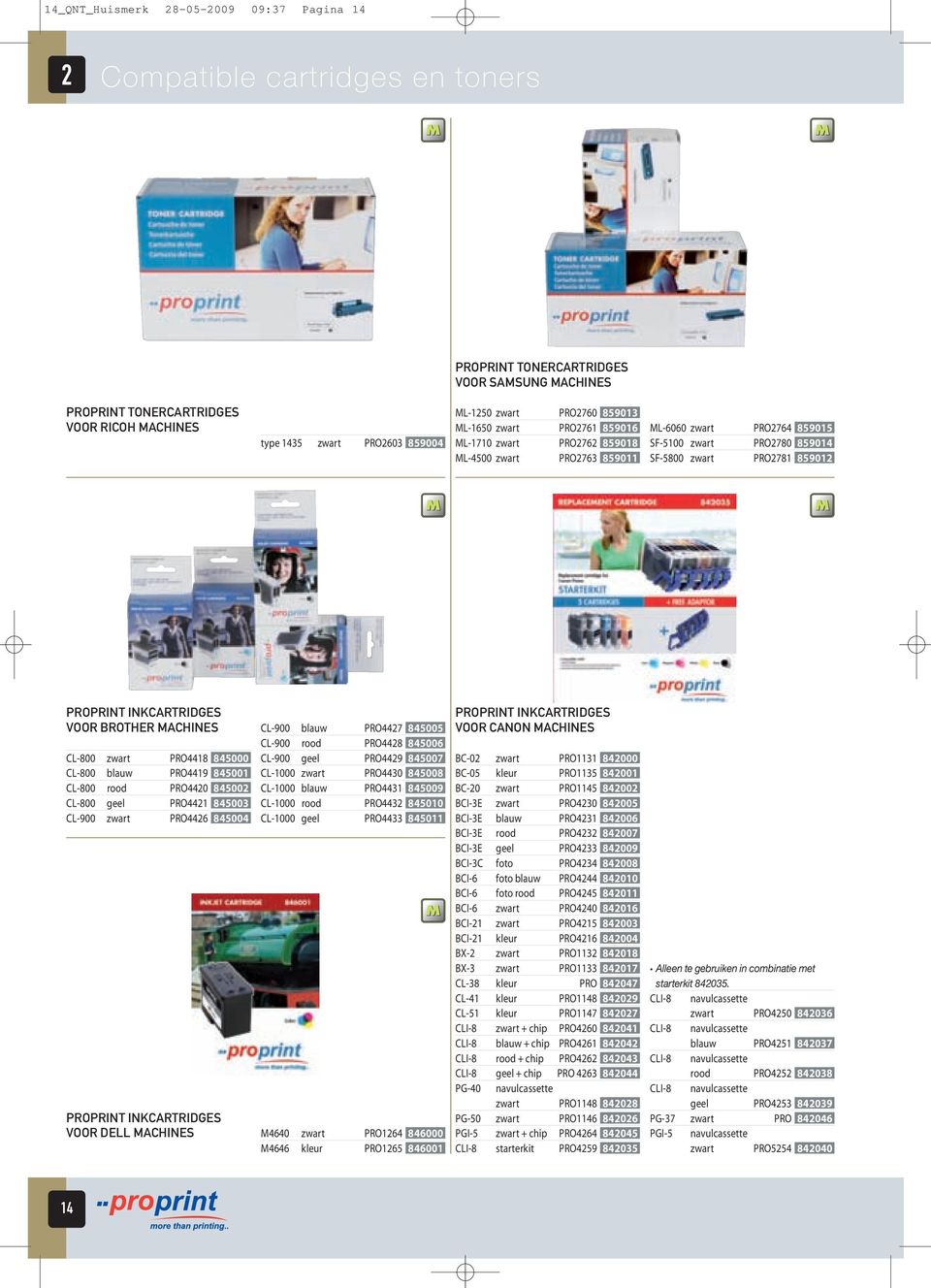 859012 PROPRINT INKCARTRIDGES VOOR BROTHER MACHINES CL-800 zwart PRO4418 845000 CL-800 blauw PRO4419 845001 CL-800 rood PRO4420 845002 CL-800 geel PRO4421 845003 CL-900 zwart PRO4426 845004 CL-900