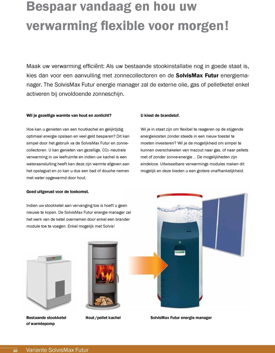 The SolvisMax Futur energie manager zal de externe olie, gas of pelletketel enkel activeren bij onvoldoende zonneschijn. Wil je gezellige warmte van hout en zonlicht? U kiest de brandstof.