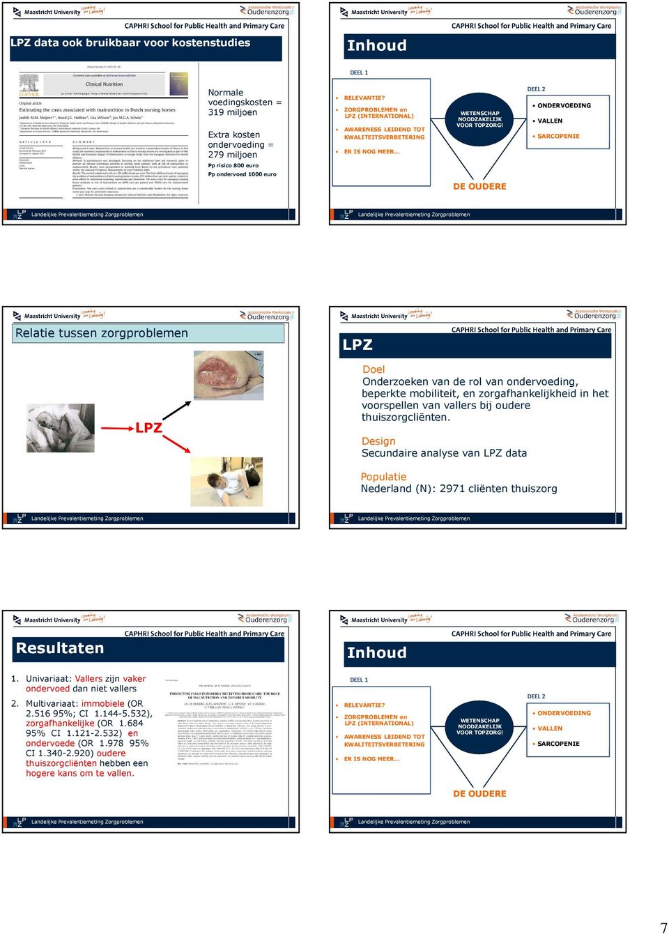 Design Secundaire analyse van LPZ data Populatie Nederland (N): 2971 cliënten thuiszorg Resultaten Results Inhoud 1. Univariaat: Vallers zijn vaker ondervoed dan niet vallers 2.